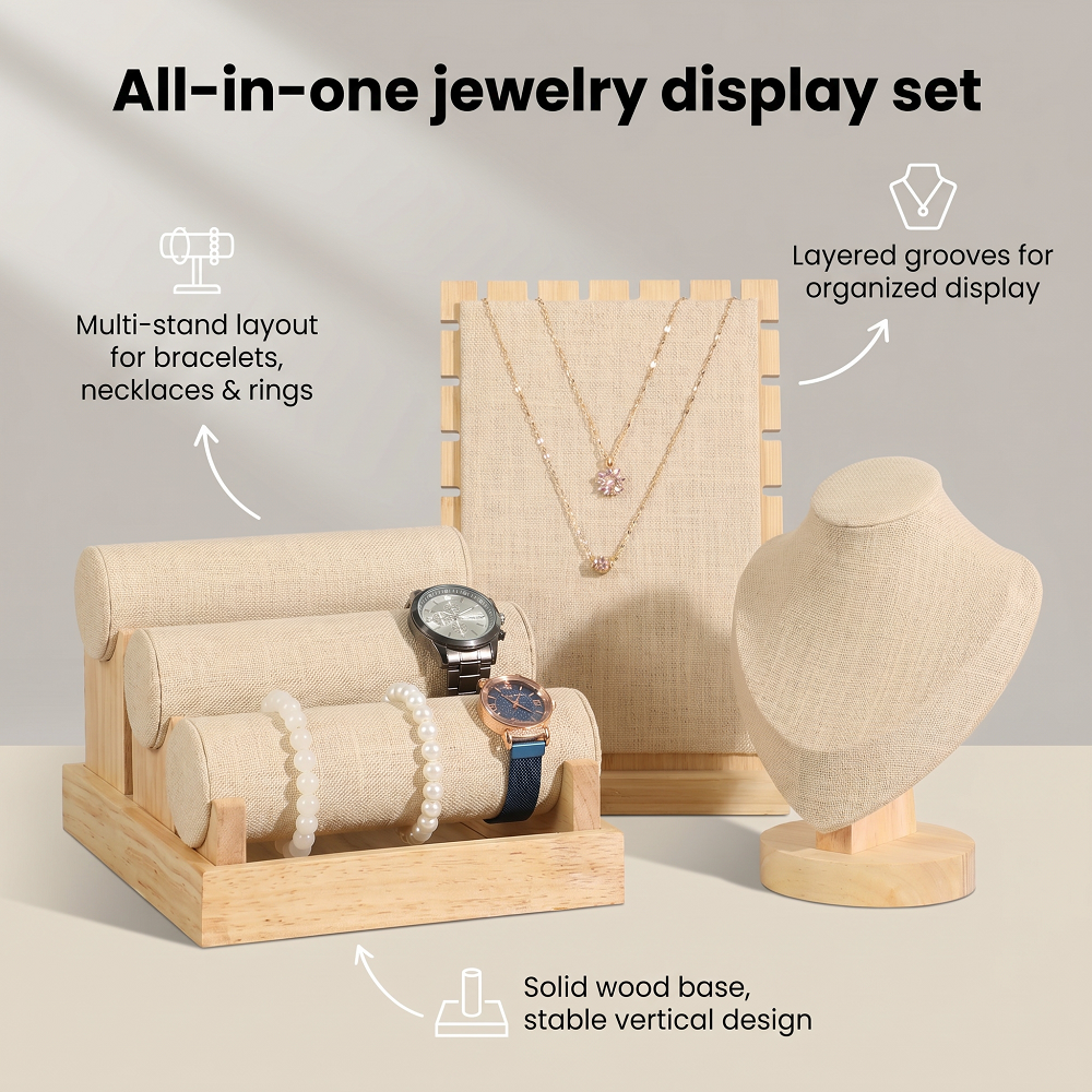 Body Jewelry Holder - Wood Linen Jewelry Display Stand Set